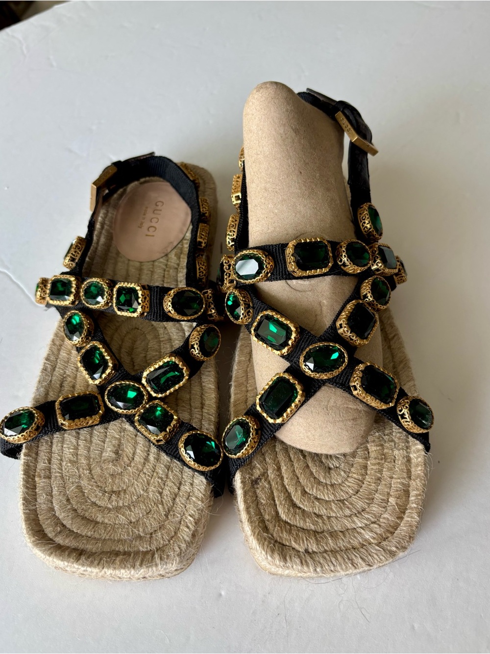 Gucci Black Sandals with Emerald Green Gem Detailing